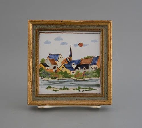 FRAMED HANDPAINTED CERAMIC TILE OLD VILLAGE LANDSCAPE BY RIVER - 5" X 5" SIGNED (1 of 2)