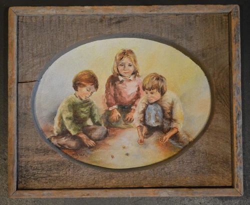 EGAN - MINIATURE PAINTING IN RUSTIC WOOD OVAL FRAME - CHILDREN PLAYING MARBLES (1 of 2)