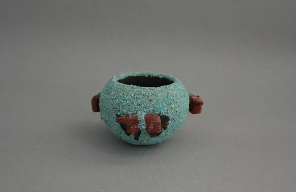 ADULT ONLY ITEM - REQUIRES VERIFICATION: ADULT ONLY ITEM - REQUIRES VERIFICATION This is a nice Zuni turquoise fetish pot with 3 jasper bear fetishes. The bear fetishes measure 1 3/8" long. The pot itself measures 3" across not including the
