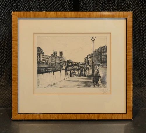 VINTAGE FRAMED ETCHING PARIS BOOKSTALL SEINE QUAI DES GRANDES AUGUSTINS - DUFZA (1 of 2)