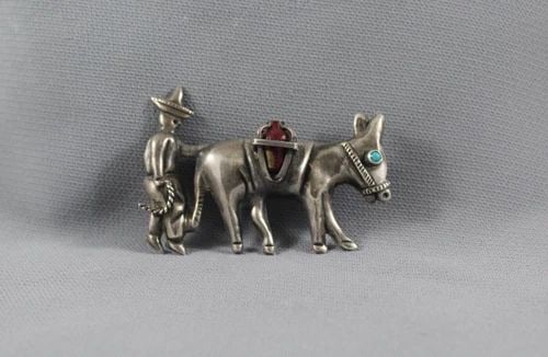 OLD MEXICAN STERLING DONKEY PIN TURQUOISE AND POT 2 1/8 " WIDE: OLD MEXICAN STERLING DONKEY PIN TURQUOISE AND POT 2 1/8 " WIDE Item Description: 2 1/8” w x 1 1/2” h