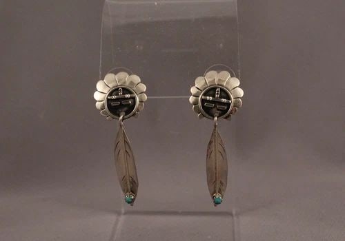 VINTAGE NAVAJO SILVER SUN FACE TURQUOISE FEATHER EARRINGS - (1 of 2)