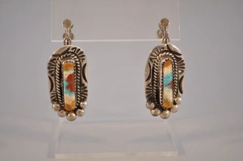 VINTAGE NAVAJO STERLING EARRINGS SIGNED WITH BROKEN ARROW - MULTICOLOR STONE (1 of 2)