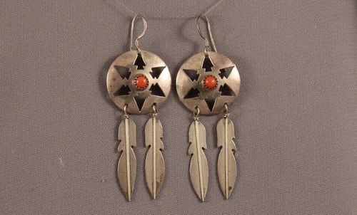 VINTAGE NAVAJO SILVER AND CORAL EARRINGS -FEATHERS..: VINTAGE NAVAJO SILVER AND CORAL EARRINGS -FEATHERS.. Item Description: 2" 3/4 length From top of wire to bottom of feather..