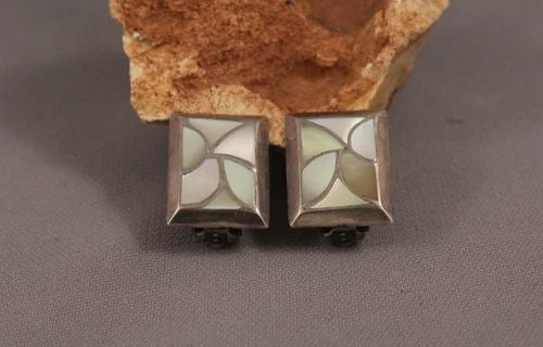 OLD PAWN ZUNI STERLING SILVER AND SHELL INLAY EARRINGS -: OLD PAWN ZUNI STERLING SILVER AND SHELL INLAY EARRINGS - Item Description: 1" length x 3/4" width P