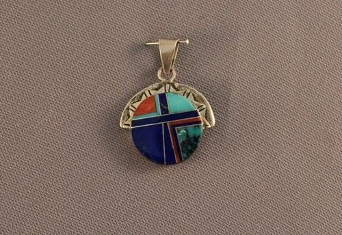 NAVAJO INDIAN SILVER INLAID SUN PENDANT - LAPIS TURQUOISE CORAL - 1.5": NAVAJO INDIAN SILVER INLAID SUN PENDANT - LAPIS TURQUOISE CORAL - 1.5" Item Description: 1 1/8" w x 1 1/2" H P