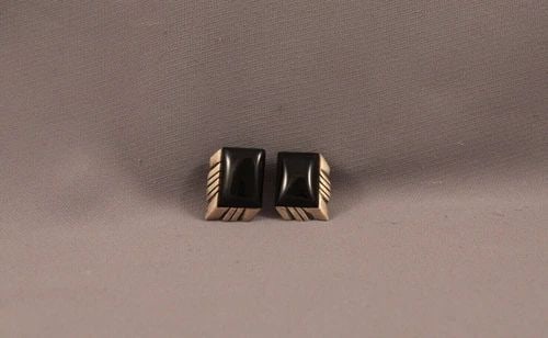 VINTAGE NAVAJO SILVER AND ONYX EARRINGS -: VINTAGE NAVAJO SILVER AND ONYX EARRINGS - Item Description: 7/8" length