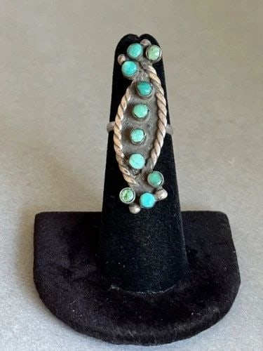 OLD PAWN ZUNI STERLING SILVER AND TURQUOISE RING 1 3/4?? TALL ..SIZE 4 3/4: OLD PAWN ZUNI STERLING SILVER AND TURQUOISE RING 1 3/4” TALL ..SIZE 4 3/4 Old Pawn Zuni Sterling Silver and Turquoise Ring Size 4 3/4 1 3/4” Tall couple stones are recessed ..