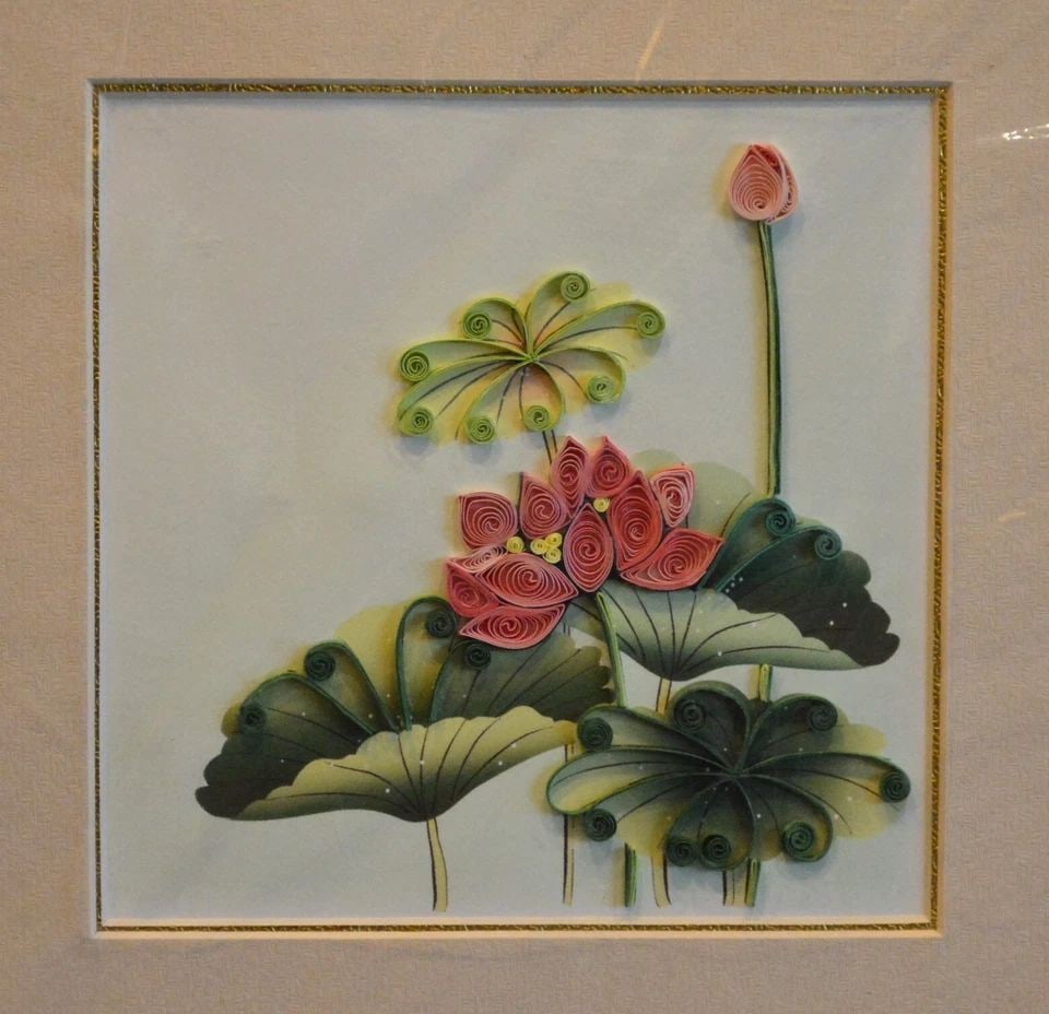PAPER FILAGREE - QUILLED FLORAL COLLAGE PAINTING - BEAUTIFULLY MATTED - 8" X 8" (1 of 1)
