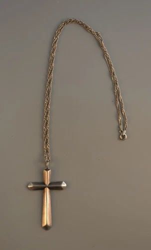 OLD PAWN NAVAJO STERLING CROSS SOUTHWEST PENDANT NECKLACE - 2 1/4" TALL - 20": OLD PAWN NAVAJO STERLING CROSS SOUTHWEST PENDANT NECKLACE - 2 1/4" TALL - 20" Item Description: This vintage Navajo sterling silver cross pendant has been simply and beautifully crafted. It measures 2