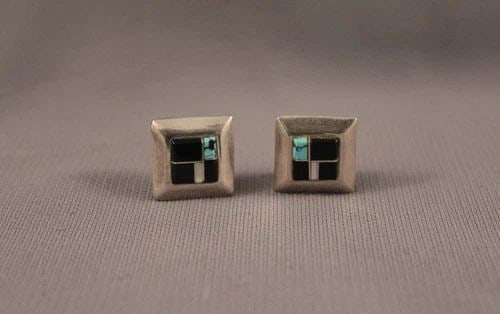 VINTAGE ZUNI SILVER EARRINGS INLAID STONES - ONYX TURQUOISE (1 of 2)