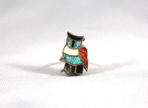 OLD PAWN NAVAJO INDIAN SILVER TURQUOISE CORAL ONYX INLAY RING - OWL - SZ 5.25 (1 of 2)