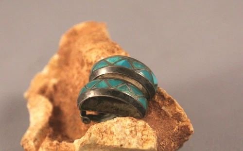 OLD PAWN ZUNI INLAYED TURQUOISE EARRINGS CLAMP ON .. (1 of 2)