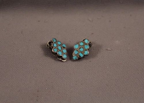 OLD PAWN ZUNI STERLING SILVER AND TURQUOISE EARRINGS -: OLD PAWN ZUNI STERLING SILVER AND TURQUOISE EARRINGS - Item Description: 5/8" h x 3/8" w