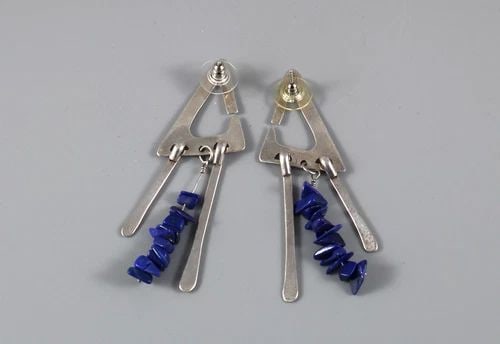 NAVAJO STERLING AND BLUE LAPIS EARRINGS SIGNED JNY 2 7/8" DANGLE (1 of 2)