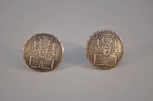 VINTAGE AZTEC FIGURE ROUND STERLING SILVER CUFFLINKS - EVB EAGLE 112 - MEXICO (1 of 2)
