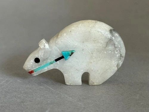 ALABASTER ZUNI BEAR FETISH WITH TURQUOISE JET AND CORAL HEARTLINE (1 of 2)