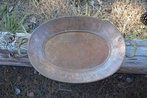 VINTAGE SOLID COPPER TRAY W BRASS HANDLES - HAND HAMMERED - 16 1/8" X 12 1/4" (1 of 2)