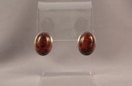VINTAGE STERLING SILVER OVAL EARRINGS - AMBER - 1?? OVALS (1 of 2)