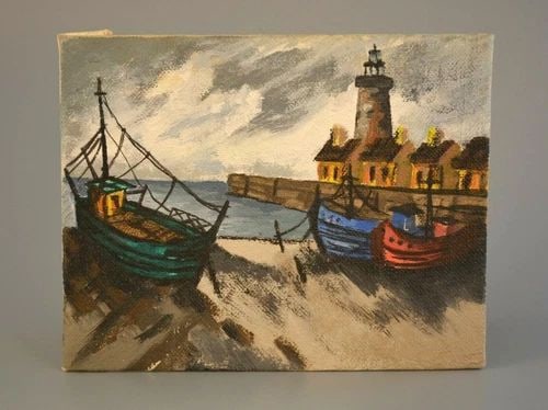 OIL PAINTING - BOATS AT PIER - LIGHTHOUSE - STORMY SKIES - 4" X 5" (1 of 2)