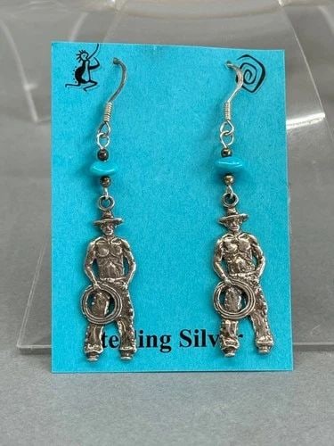 STERLING SILVER COWBOY DANGLE EARRINGS WITH TURQUOISE. 2 3/8: STERLING SILVER COWBOY DANGLE EARRINGS WITH TURQUOISE. 2 3/8” Sterling Silver Cowboy Dangle Earrings with Turquoise. 2 3/8”