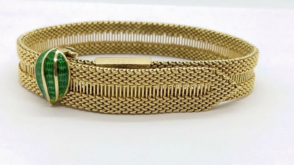 VINTAGE LECOULTRE 14K YELLOW GOLD GREEN ENAMEL CLASP BRACELET WATCH - 62.6 GRAMS (1 of 1)