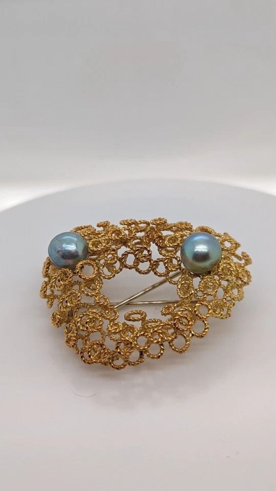 RUTH SATSKY 18K YELLOW GOLD BLUE PEARL OPENWORK ABSTRACT BROOCH PIN - 33.7 GRAMS (1 of 1)