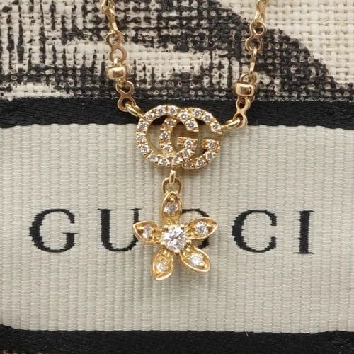 GUCCI 18K YELLOW GOLD FLOWER DIAMOND CHAIN NECKLACE 16" TAG AND POUCH (1 of 2)