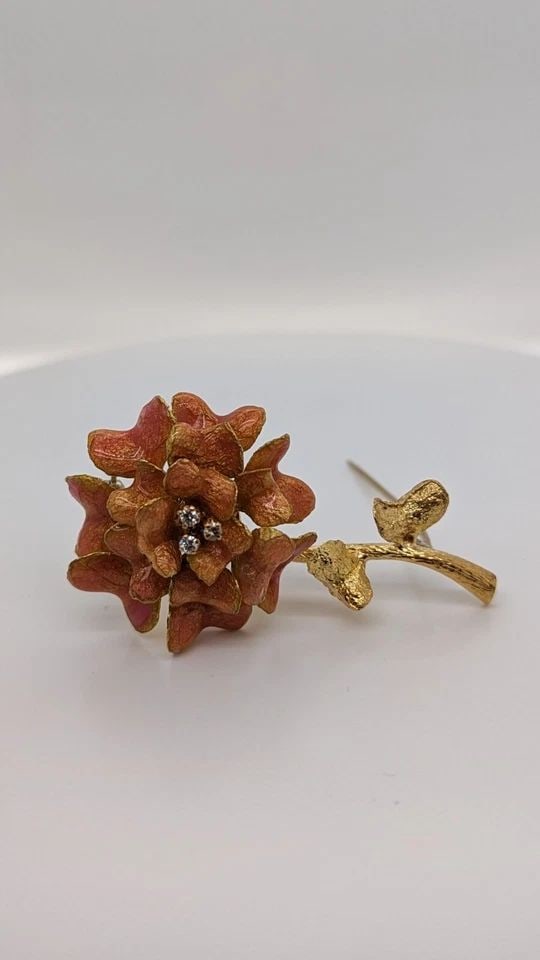 RUTH SATSKY 18K YELLOW GOLD FLOWER DIAMOND ACCENT ENAMEL BROOCH - 14.2 GRAMS (1 of 1)