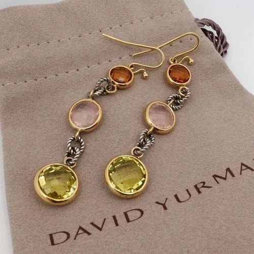 DAVID YURMAN 18K YELLOW GOLD STERLING SILVER MULTI GEMSTONE DANGLE EARRINGS 3" (1 of 2)