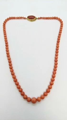 18K YELLOW GOLD CLASP CORAL GEMSTONE GRADUATE BEAD NECKLACE - 21" LONG (1 of 2)