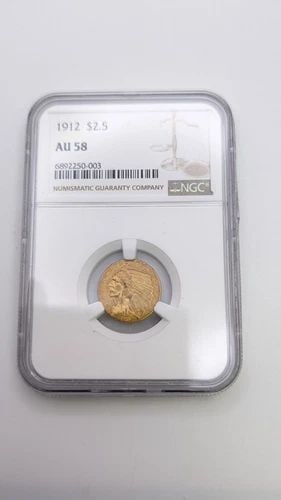 1912 $2.5 GOLD INDIAN HEAD QUARTER EAGLE COIN NGC AU 58: 1912 $2.5 Gold Indian Head Quarter Eagle Coin NGC AU 58 Book Value - $555