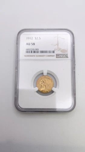 1912 $2.5 GOLD INDIAN HEAD QUARTER EAGLE COIN NGC AU 58: 1912 $2.5 Gold Indian Head Quarter Eagle Coin NGC AU 58 Book Value - $555