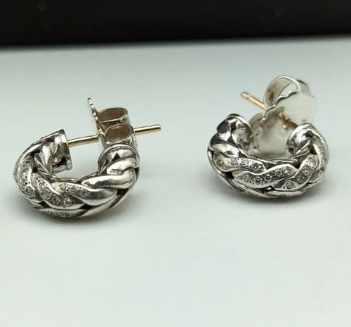JOHN HARDY STERLING SILVER & 18K GOLD DIAMOND CHAIN HUGGIE EARRINGS BOX & POUCH (1 of 2)