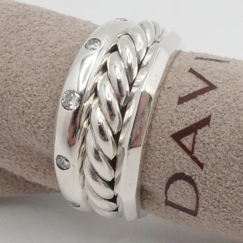 DAVID YURMAN STAX STERLING SILVER CABLE DIAMOND 9MM THREE ROW BAND RING SIZE 5.5: David Yurman Stax Collection Sterling Silver Diamond Three Row Band Ring Size - 5.5 Front Band Width - 9mm Base Band Width - 5.5mm Est. Retail - $750 USD + Tax Total Weight - 7.9 Grams Very Great & Pr