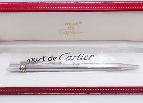 1990 CARTIER MUST DE CARTIER TRINITY SILVER PLAQUE BALLPOINT PEN WITH BOX (1 of 2)