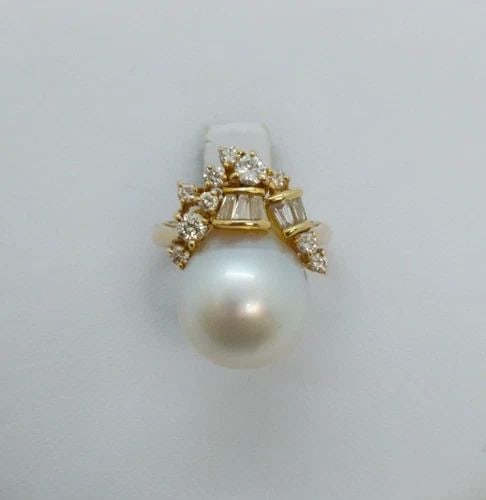 14K YELLOW GOLD CULTURED PEARL & DIAMOND COCKTAIL RING - SIZE 4.25 GAL (1 of 2)