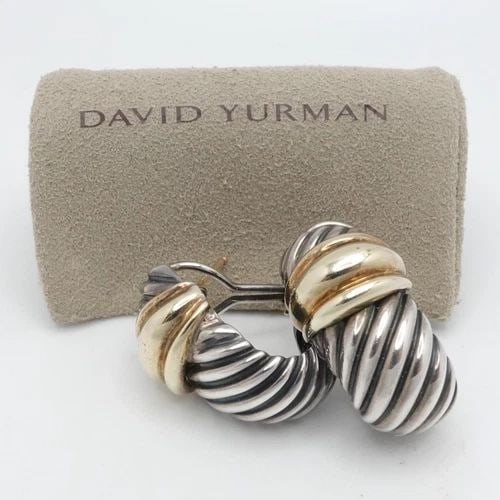 DAVID YURMAN THOROUGHBRED 14K YELLOW GOLD STERLING SILVER SHRIMP OMEGA EARRINGS: DAVID YURMAN THOROUGHBRED 14K YELLOW GOLD STERLING SILVER SHRIMP OMEGA EARRINGS David Yurman Thoroughbred 14K Yellow Gold Sterling Silver Shrimp Omega Back Earrings Height - 1" Width - 0.50" Total Wei
