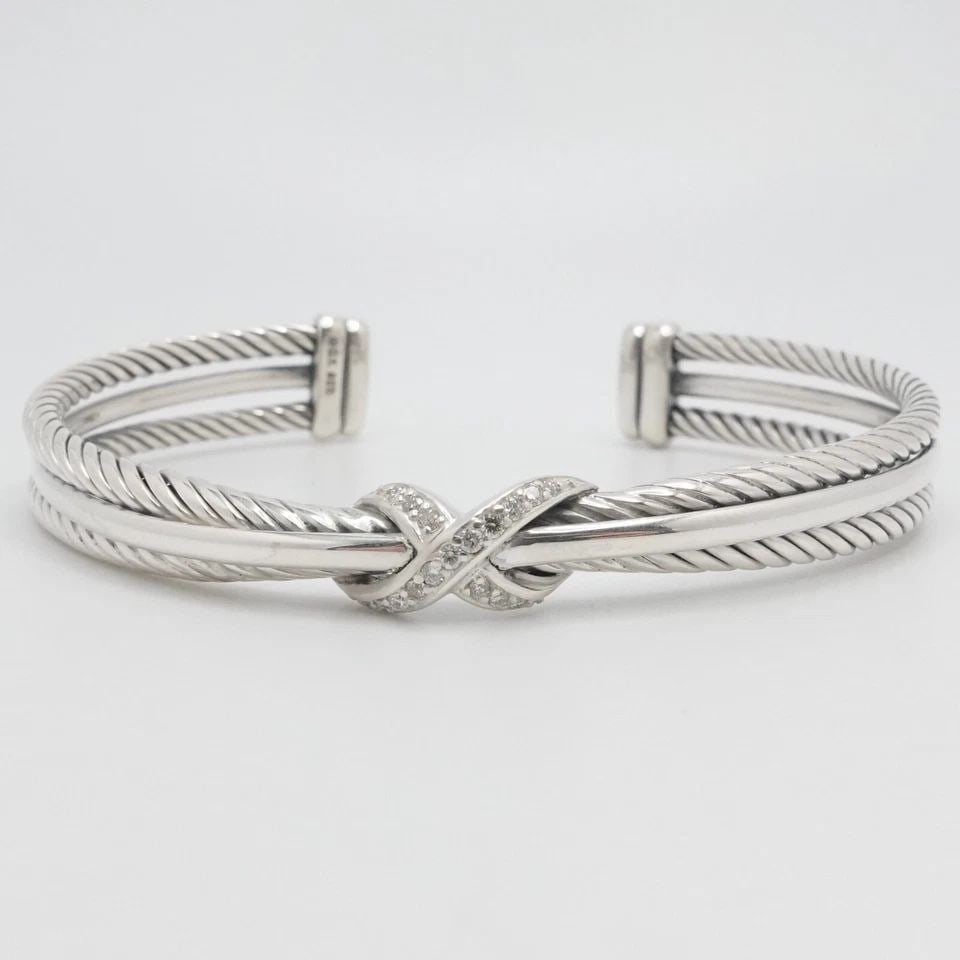 DAVID YURMAN X STERLING SILVER DIAMOND CROSSOVER CABLE CUFF BRACELET 6.5" WRIST: David Yurman X Collection Sterling Silver Pave Diamond Crossover Cable Cuff Medium Bracelet Fits up to Relax 6.25 - 6.5" Snug Wrist Width - 5mm & 7mm Est. Retail Price - $975 USD + Tax Total Weight - 