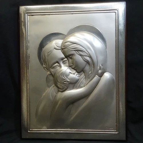 ITALY OTTAVIANI STERLING SILVER RELIEF RELIGIOUS HOLY FAMILY FRAME 10.25 X 13": ITALY OTTAVIANI STERLING SILVER RELIEF RELIGIOUS HOLY FAMILY FRAME 10.25 X 13" Vintage Ottaviani Magnitudo Arts 1945 Sterling Silver Relief Religious Holy Family Large Wall Brown Wood Frame Made In It
