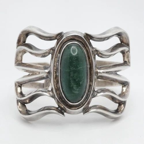 TAXCO STERLING SILVER MEXICO CABOCHON GREEN GEMSTONE CUFF BRACELET 6.5" WRIST (1 of 2)