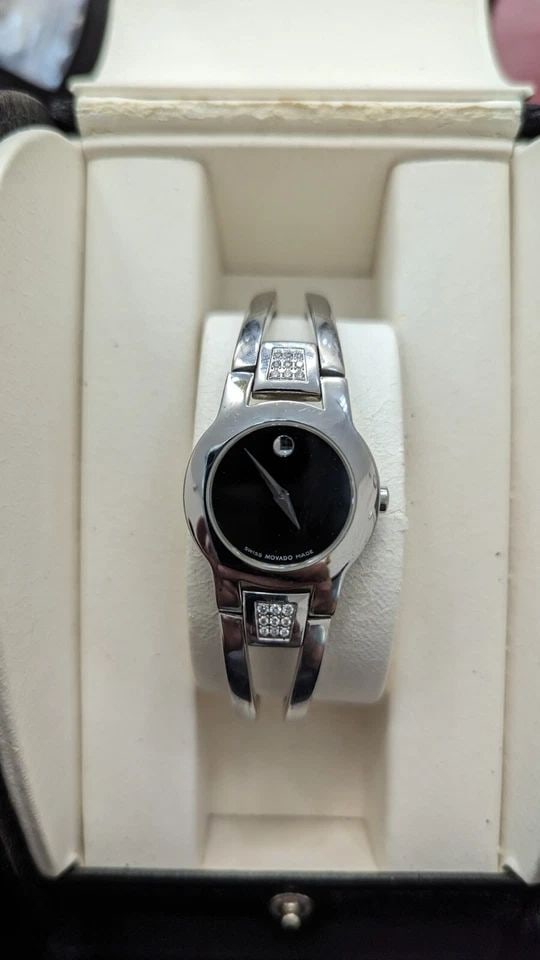 MOVADO AMOROSA 84 E4 1842 STAINLESS STEEL BLACK MUSEUM QUARTZ WATCH - 24MM BOX (1 of 1)