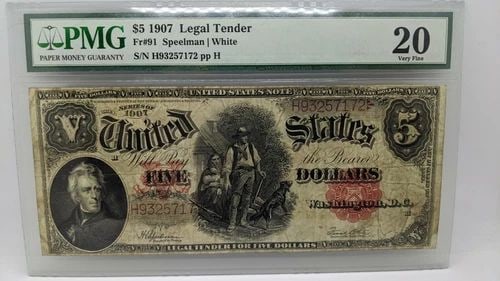 1907 $5 LEGAL TENDER PMG 20 - FR#91 - UNITED STATE NOTE LARGE SIZE NOTE: 1907 $5 LEGAL TENDER PMG 20 - FR#91 - UNITED STATE NOTE LARGE SIZE NOTE 1907 $5 Legal Tender United State Note Large Size Note Note # 91 Serial # H93257172 PMG Grade - VF 20 Very Fine PMG Cert # 80073