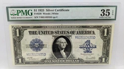 1923 $1 SILVER CERTIFICATE - PMG 35 EPQ - FR#238 - LARGE SIZE NOTE: 1923 $1 SILVER CERTIFICATE - PMG 35 EPQ - FR#238 - LARGE SIZE NOTE 1923 $1 Silver Certificate Large Size Note Note # 238 Serial # Y60510935D PMG Grade -VF 35 EPQ Choice Very Fine PMG Cert # 8067237-02