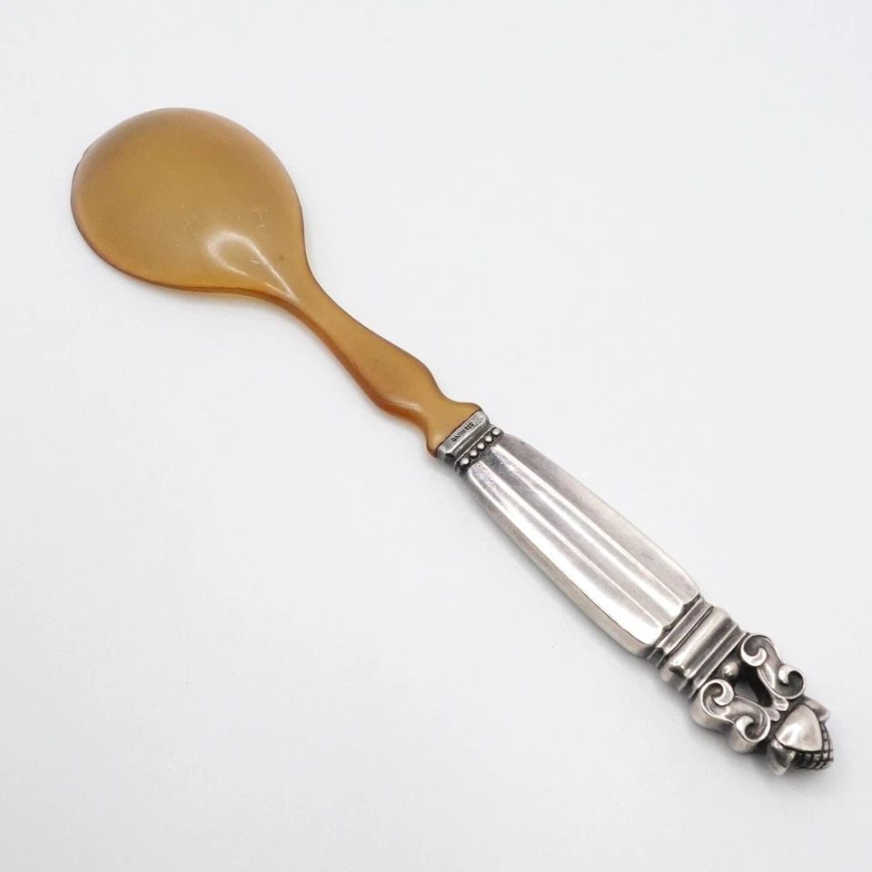 GEORG JENSEN JOHAN ROHDE STERLING SILVER ACORN MEDIUM SERVING HORN SPOON 8.25" (1 of 1)
