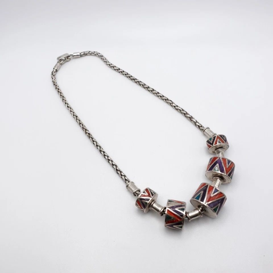 STERLING SILVER 925 MULTI GEMSTONE INLAY BRAIDED STATION CHAIN NECKLACE - 17" (1 of 1)