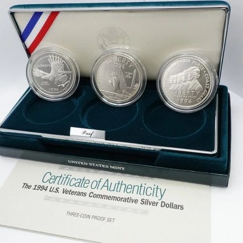1994 P U.S MINT VETERANS COMMEMORATIVE SILVER 3 COINS PROOF SET OGP COA #25 (1 of 1)
