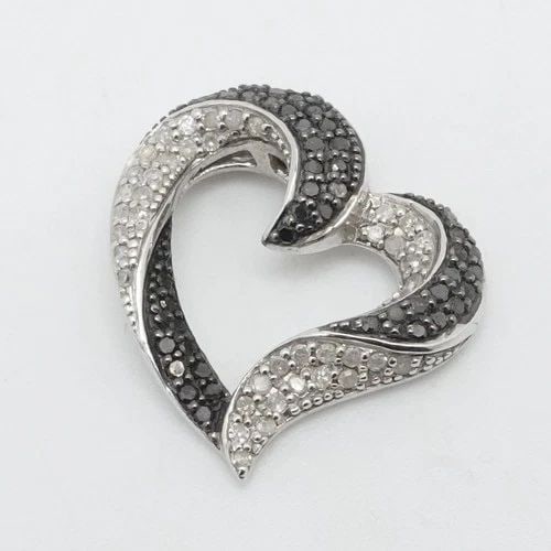 STERLING SILVER BLACK AND WHITE PAVE DIAMOND OPEN HEART SLIDE PENDANT (1 of 2)