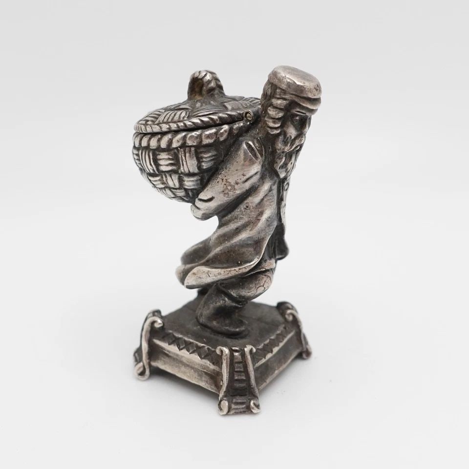 SIGNED BA STERLING SILVER JEWISH MAN CARRYING BASKET INCENSE BURNER FIGURINE 2" (1 of 1)