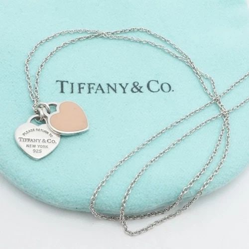 TIFFANY & CO. RETURN TO STERLING SILVER PINK DOUBLE HEART TAG MINI NECKLACE 16": TIFFANY & CO. RETURN TO STERLING SILVER PINK DOUBLE HEART TAG MINI NECKLACE 16" Tiffany & Co. Return to Sterling Silver Pink Enamel Double Heart Tag Mini Necklace Length - 16" Long Chain Width - 1mm P